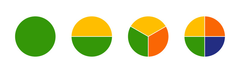 Multicolored pizza charts, pies segmented on from 1 to 4 equal parts. Multicoloured diagrams infographic. Circle section graph. Wheels divided in sections. Loading bar mockup. Pie, pizza chart layout.