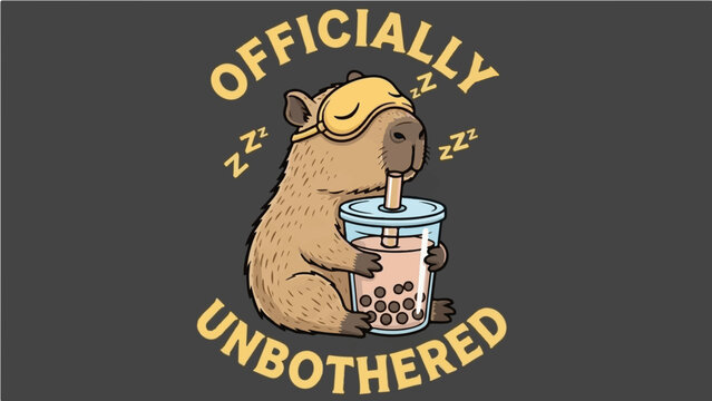 Officially Unbothered Cute Capybara Drinking Bubble Tea with Sleep Mask Vector Illustration