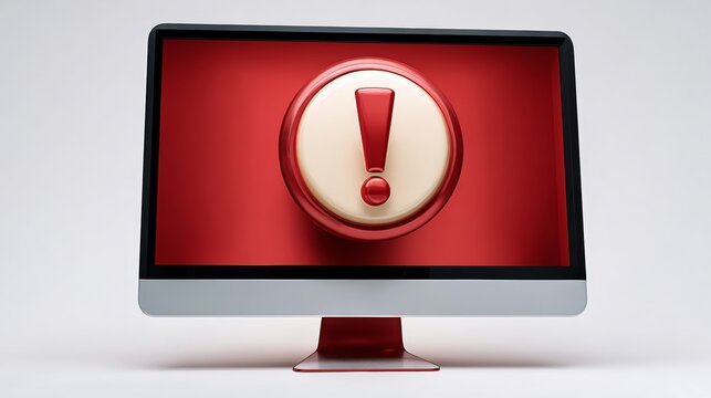 A computer monitor with a red warning sign on it. The sign is in the center of the screen and has an exclamation point on it. Concept of urgency and importance