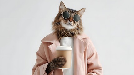 A stylish cat wearing sunglasses and a coat holds a coffee cup