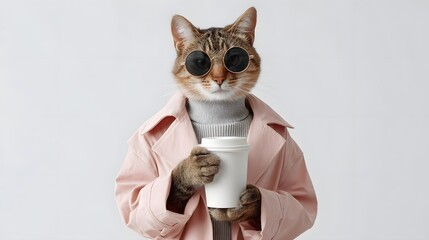 Stylish cat in sunglasses and coat holds coffee