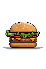 Pixel art hamburger with cheese and lettuce