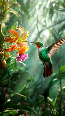 Hummingbird Hovering Near Orange Orchid in Tropical Rainforest. Wildlife Nature, Bird Photography.