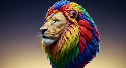 Colorful lion with vibrant rainbow mane on gradient background