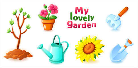 Cute colorful vector set of gardening icons including plants, tools, watering can and flowers. Isolated on white background. Perfect for kids design, garden apps, education and spring themes.