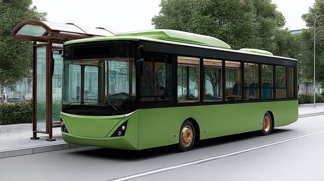 A green bus is parked in front of a bus stop. The bus is large and has a modern design. Concept of efficiency and progress, as the bus is likely part of a public transportation system