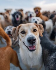 A close up of a happy dog with a large pack behind