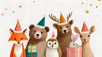 Cute forest animals celebrating with party hats and gifts