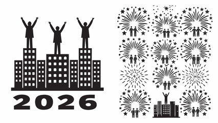 Obraz premium Silhouette Vector of a Modern City Skyline with High Buildings at Dusk