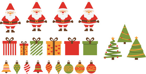 Christmas illustration set, festive icons of Santa, gifts, ornaments, trees, vector pack for holiday design and decoration