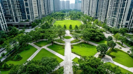 Fototapeta premium Urban Green Space: Modern Cityscape with Park, Trees, and Residential Buildings, Promoting Sustainable Living