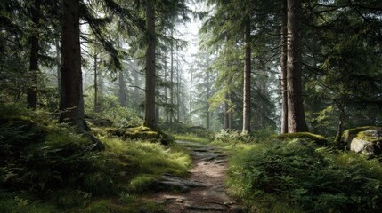 Obraz premium Enchanting Forest Path Through Verdant Woodland, Nature Scene with Lush Greenery and Atmospheric Lighting