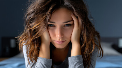 Un gros plan d'une femme assise se tenant la t&ecirc;te de face sur un lit dans une chambre, incarnant la d&eacute;tresse silencieuse de la d&eacute;pression, de la solitude et de la tristesse