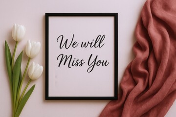 We Will Miss You Sentiment Framed with Flowers and Elegant Fabric, Expressing Farewell and Appreciation