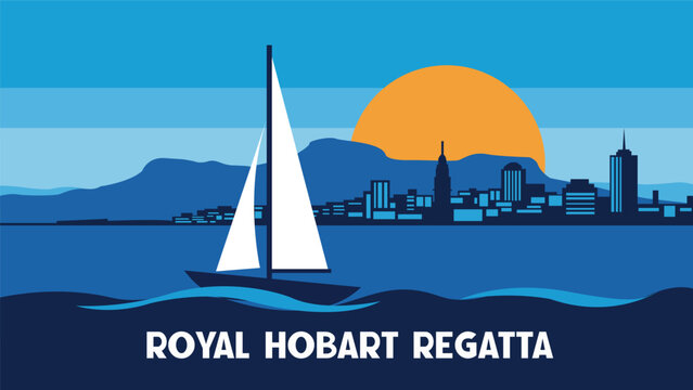 Royal Hobart Regatta Illustration &ndash; Sailing Boat, City Skyline, Sunset
