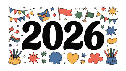 Vintage 2026: A playful and nostalgic illustration featuring the year 2026, embellished with whimsical elements and a cheerful, retro aesthetic. 