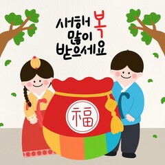 새해 설날 복주머니 한복 사람 드로잉 카드뉴스(happy new year hanbok drawing card news)