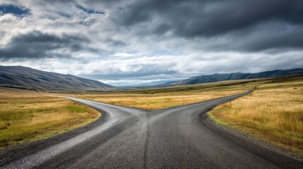 Crossroads Landscape with Dramatic Sky: Illustrating Choices, Decisions, and Strategic Direction in Iceland's Highlands