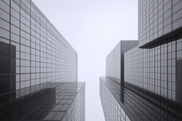 Fototapeta premium Modern Skyscrapers Rising Against a Pale Sky, Featuring Glass Facades and Striking Architectural Lines