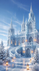 Magnificent fantasy fairy-tale snow iced frozen blue castle with snow-covered turrets and glowing warm lighted windows, surrounded by winter landscape with fir trees and curved staircase entrance