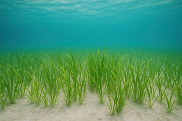 Underwater seagrass meadow featuring green vegetation and turquoise water providing ecosystem habitat and marine life