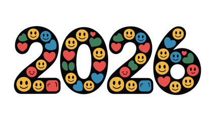 New Year’s optimism: A colorful 2026, crafted with smileys and hearts, represents joyful anticipation, looking forward with positivity.