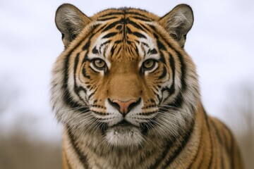 Fototapeta premium Majestic Tiger Portrait: Striking Feline Gaze with Intense Eyes and Bold Stripes, Capturing the Essence of Wildlife