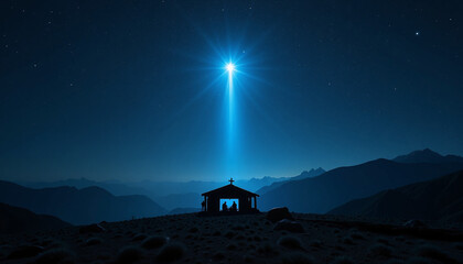 Peaceful nativity scene silhouette, bright star shining above humble stable, set against mountain backdrop. Nativity scene portrays holy family, shepherds, wise men, evoking spiritual wonder.