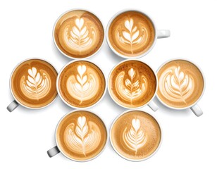 Overhead shot featuring seven coffee cups with intricate latte art on a white background. Each cup displays a unique design