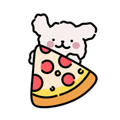 Cute cartoon dog holding a large slice of pizza.