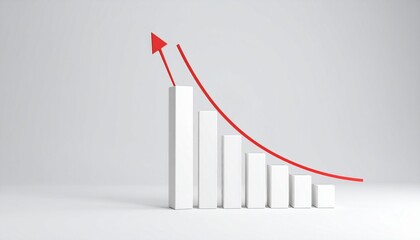 A 3D bar graph with eight vertical bars increasing in height from left to right, ending in a tall red bar, with a red upward-curving line above, symbolizing strong growth and performance improvement.
