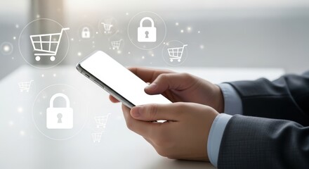 Hands holding smartphone displaying online shopping icons, including shopping carts and security symbols, representing modern e-commerce and mobile shopping convenience