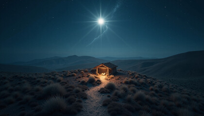 Nativity scene with bright star above humble stable on desert hill at night. Nativity scene includes glowing manger, path. Symbolizes sacred birth. Perfect Nativity scene for holiday promotions,