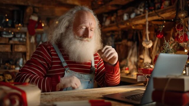 Santa works on his laptop in a cozy workshop filled with decorations