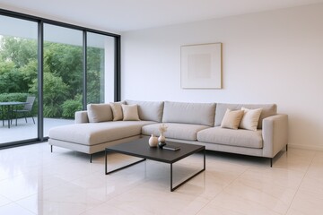 Fototapeta premium Modern Living Room Interior with Sectional Sofa, Contemporary Design, Natural Light, and Minimalist Decor