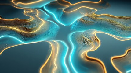 Abstract Glowing Terrain with Blue and Orange Lines Flowing Across Digital Landscape