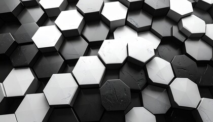 A tessellated field of hexagonal prisms in varying heights forms a dynamic 3D surface, lit to emphasize geometric depth and modern structure, ideal for abstract design or architectural visualization.