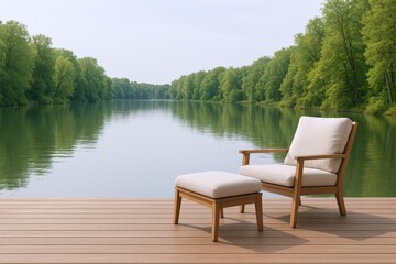 Obraz premium Relaxing Lakeside View: Comfortable Chair and Ottoman on Wooden Deck Surrounded by Green Trees