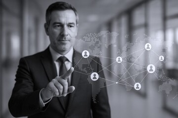 Mature Businessman Touching Global Network Interface, Representing International Business Connections and Digital Transformation in Black and White
