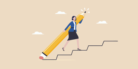 Businesswoman climbing stairs with a giant pencil symbolizing progress and creativity