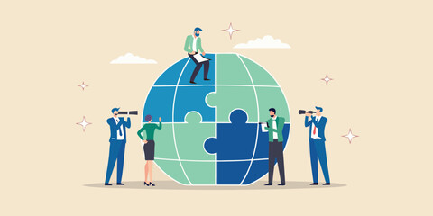 Business professionals collaborating on a global puzzle observing future possibilities