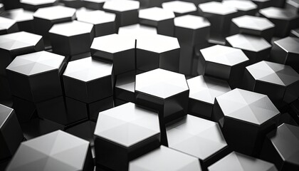 A tessellated field of hexagonal prisms in varying heights forms a dynamic 3D surface, lit to emphasize geometric depth and modern structure, ideal for abstract design or architectural visualization.