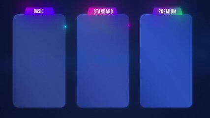 Basic, Standard, and Premium Package subscription tiers, Animation. Pricing and Features, Pricing plans table, pricing chart, price list for web or app tech concept.