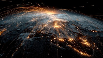 A mesmerizing view of Earth at night, interconnected with bright lines radiating from a central point