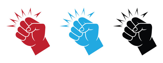 Fist hitting outline. Knocking fist icon set red, blue, and black variations. Knock icon. Human hand performing a knocking gesture with impact lines vector illustration. Vector illustration. © JannatGraphicDesign