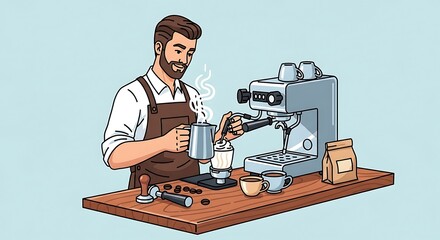 Barista making coffee with espresso machine, steaming milk, preparing latte.