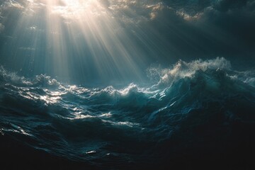 Dramatic ocean scene with churning waves, sunbeams piercing through the clouds above
