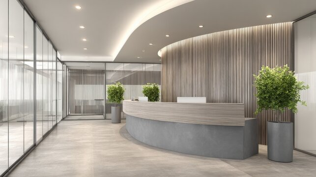 Modern Office Reception Area with Curved Desk, Plants, and Glass Walls, representing corporate interiors