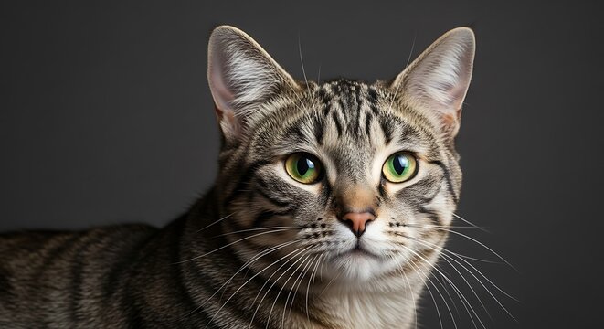 Close-up portrait of a beautiful tabby cat with striking green eyes looking directly at the camera against a dark background. - Powered by Adobe