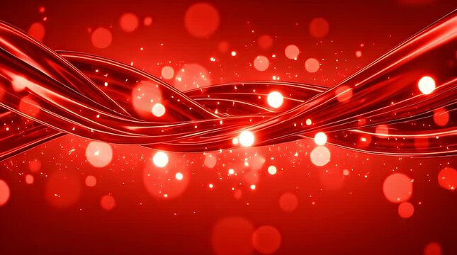 Abstract red Christmas background with glowing stars, lines, and wave pattern for a bright winter holiday celebration card design